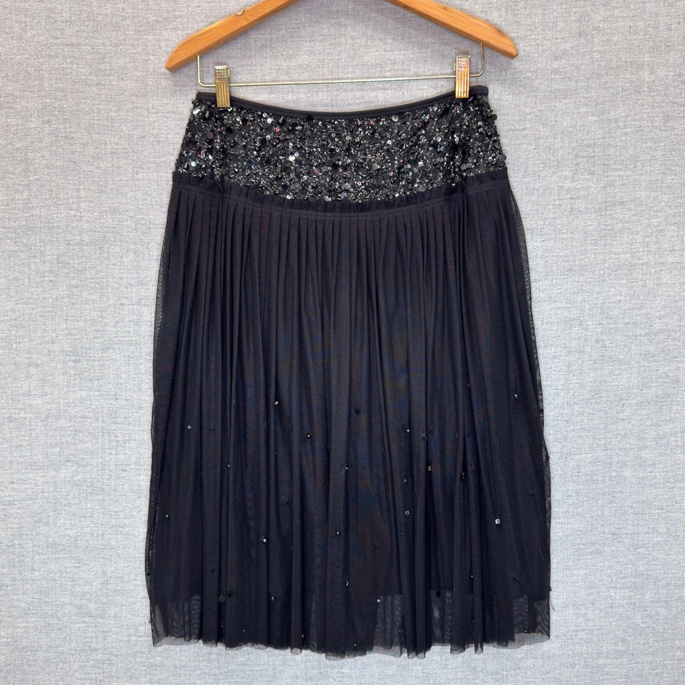 Basil & Maude NWT $148 Womens Black Pleated Mesh Sequin Beaded Skirt Size 6